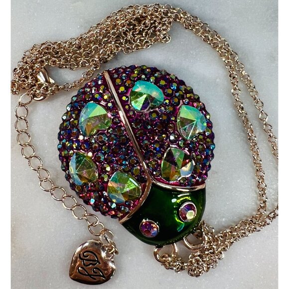 Betsey Johnson Ladybug Necklace AB red pave' iridescent hearts glistening chain - Picture 7 of 7